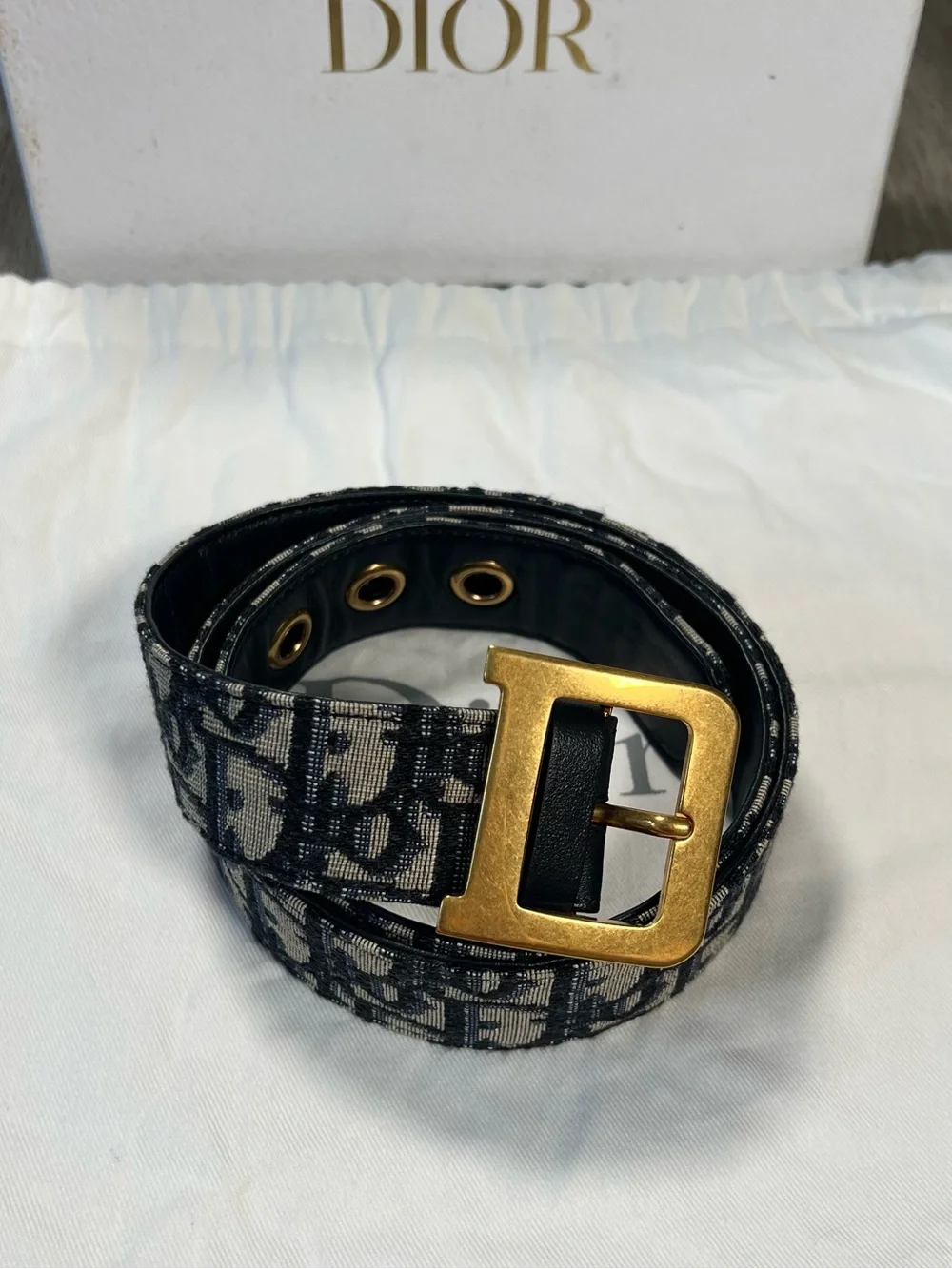 Dior Diorquake Size 85cm Navy Blue Oblique Canvas Gold Logo Buckle Belt Italy - Picture 1 of 13